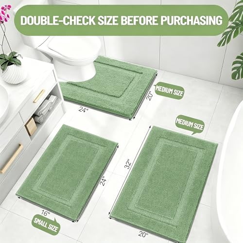 SHACOS Sage Green Bathroom Rugs Sets 3 Piece Bath Mat U Shaped Toilet Rug | 20x32+ 16x24+ 20x24, Soft Fluffy Microfiber Bath Rugs Set, Non Slip Washable Absorbent Bathroom Floor Mats Carpet Shower Rug - color: Sage Green, size: 16"x24"+ 20"x32"+U Shape 20