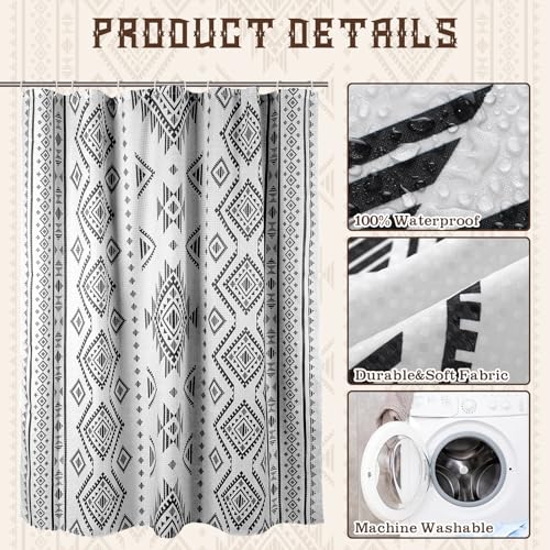 HunnmingRe Western Shower Curtain Waffle Southwest Aztec Geometric Stripes Fabric Shower Curtain Set with Hooks for Bathroom 72 x 72 Inches Farmhouse Boho Bath Curtains(Black) - color: Black