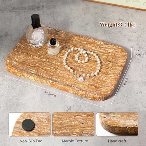 Karibiber Natural Marble Vanity Tray, 11.8" Travertine/Stone Bathroom Tray Countertop, Golden Stone for Perfume Jewelry Holder, Decorative Dresser Organizer, Storage for Kitchen Sink(Walnut Traver) - color: Iran-travertine