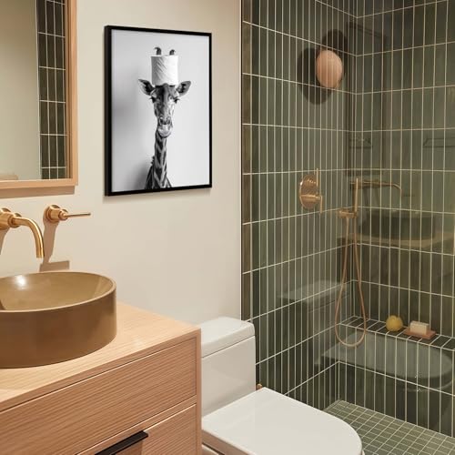 Framed Funny Giraffe Canvas Modern Wall Art Black and White Animal Poster Print Toilet Paper Hat Picture Gallery Wall Decor Bedroom Apartment 16X24 Inch Ready to Hang - color: Black and White Giraffe, size: 16L" x 24W"