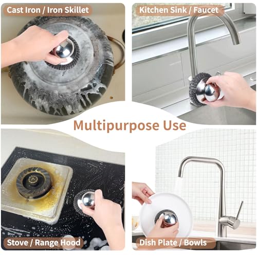 5Pcs Steel Wool Scrubber with Replacement Wire Sponge Pads Set, Stainless Steel Scrubber with Handle for Scouring Stubborn Messes from Cast Iron, Pots, Pans, Grill, Stoves, Sink(1 Scrubber+4 Pads) - size: 1 Handle+4 Pads