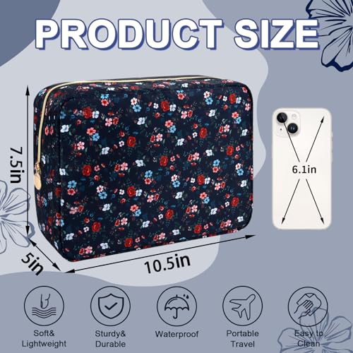 UIXIZQ Waterproof Large Floral Makeup Pouch,Nylon Travel Toiletry Storage Purse Preppy Cosmetic Bag for Women Girl,Large Capacity Makeup Organizer Zipper Pouch for Work(L Black-Flowers) - color: Black-Flowers, size: Large