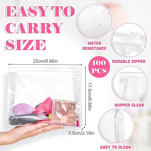Xuniea 100 Pcs Mini Clear Makeup Bag PVC Small Travel Toiletry Organizer Pouches Bulk Waterproof Transparent Plastic Cosmetic Bag with Zipper for Women Men Travel(8.6'') - size: 8.6''