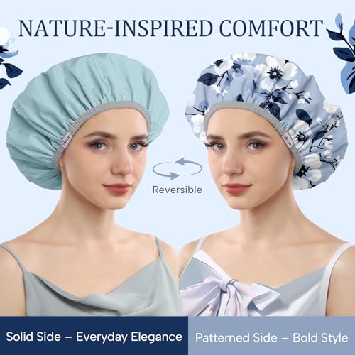 Years calm Shower Caps for Women Reusable Waterproof – Double Layer Elastic Cap with Tropical Botanical Print Shower Cap for Shower, Spa, Travel, Bath & Daily Hair Protection - color: Blue