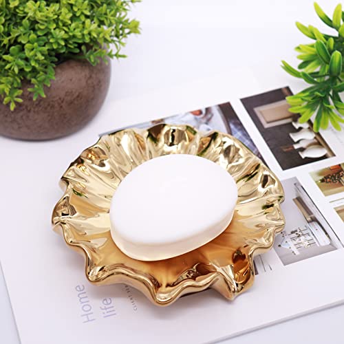 Soap Dish with Drain Ceramic Gold Lotus Leaf Soap Holder Soap Saver for Bar Soap, Kitchen Sink, and Bathroom Shower - color: Gold