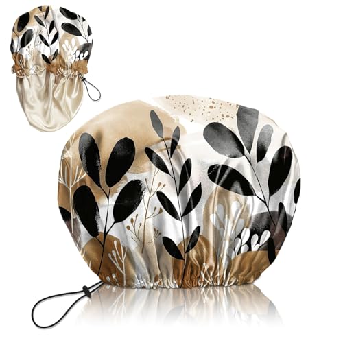 Luxury Shower Cap Silk Satin Lined Waterproof Reusable Adjustable Elastic Dry Hair Bathing Caps Cute for Women Girls-Leaf - color: C-13-Leaf