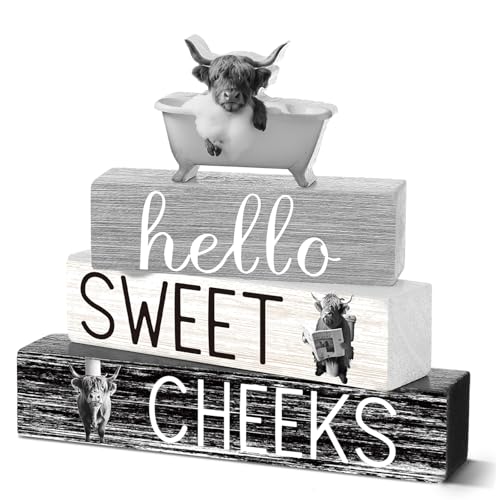 Cinnvoice 4 Pcs Funny Highland Cow Bathroom Decor Farmhouse Bathroom Decoration Western Hello Sweet Cheeks Table Centerpiece Gift for Christmas Valentines Back to School - style: Funny Highland Cow