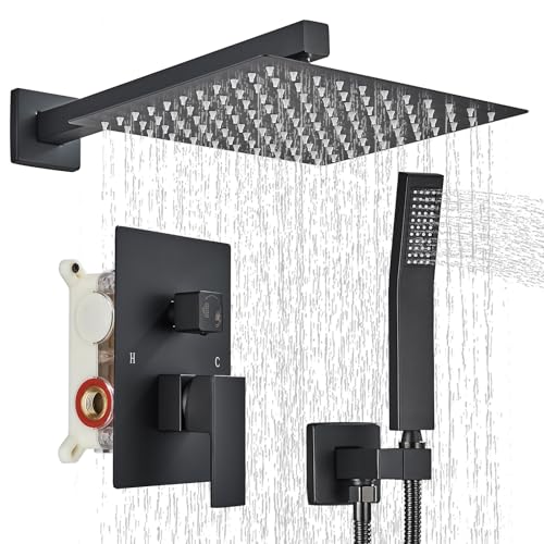 Shower Faucet 10 Inches Matte Black Shower System with Rainfall Shower Head and Handheld Spray Bathroom Luxury Rain Shower Faucet Set Complete Wall Mounted - color: Matte Black, size: Matte Black-10"