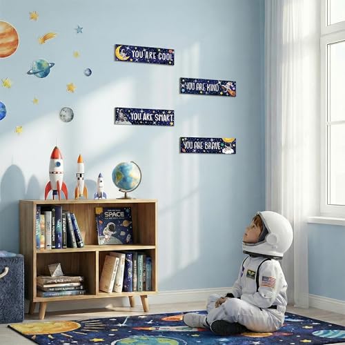 4Pcs Outer Space Wooden Wall Art Room Decor for Boys Astronaut Wall Art Set for Bedroom Bathroom Motivational Wooden Signs Navy Blue Galaxy Nursery home Decor for Toddler & Playroom - style: Outer Space