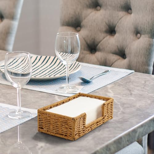 Napkin Holder for Bathroom, Woven Wicker Synthetic Rattan Guest Towel Holder Tray, Disposable Paper Hand Towel Holder for Bathroom Accessories, Dinner Napkin Holder for Kitchen Table Party - color: Khaki, size: 9.45"L x 5.43"W x 2.91"H