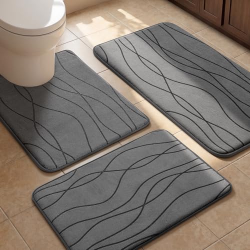 YIHOUSE Memory Foam Bathroom Rug Set, 3 Pieces - Dark Grey (Ultra Soft, Absorbent, Non-Slip, Machine Washable) | Ultra Soft, Absorbent, Non-Slip, Machine Washable, for Bathroom, Sink and Toilet - color: Dark Grey, size: 2'9" x 1'8" (Rectangular)