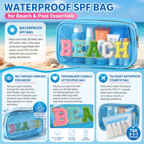 Women Clear Beach Makeup Bag with Chenille Letters-PVC Waterproof Visible Cosmetic Sunscreen Organizer for Pool, Swimming & Travel, Trendy Toiletry SPF Pouch - style: Blue-beach
