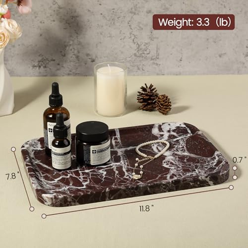 Marble Vanity Tray, 11.8in Stone Bathroom Tray for Countertop, Red Decorative Tray for Dresser Organizer, Luxury Serving Tray for Kitchen, Storage Dish for Kitchen Sink, Perfume, Jewelry Holder - color: Rose Red