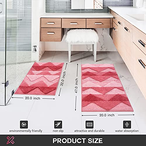 Tindbea Bathroom Rugs and Mats Sets 2 Pieces, Non-Slip Soft and Absorbent Microfiber Bath Rug Mat and Runner for Bathroom, Quick Dry Machine Washable (20" x 47" Plus 20" x 32", Pink) - color: Pink