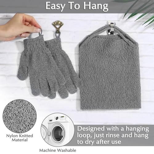 Anezus Exfoliating Back Scrubber Bath Gloves Set, Exfoliating Shower Towel with Shower Gloves for Body Scrub, Back Cleaner Wash Gloves to Remove Dead Skin (Grey) - color: Grey
