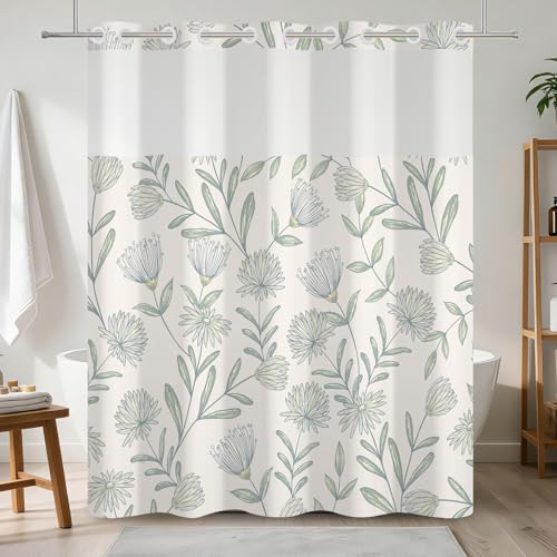 No Hook Botanical Shower Curtain with Snap in Liner Set 71x74 Inch | Sage Green Floral Shower Curtains for Farmhouse Bathroom, Minimalist Wildflower Waterproof Fabric with Mesh Top Window - color: Floral-b