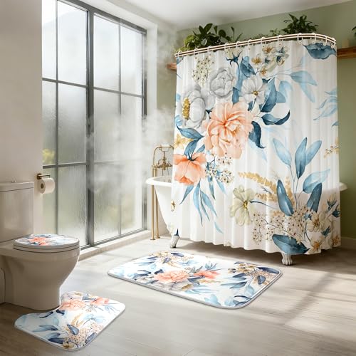 16 Pcs Floral Shower Curtain Set with Rugs, Flower Bath Curtains and High Absorbent Non-Slip Mats, Thick 120GSM Fabric Curtain with 12 Metal Hooks, Multi Floral, 72x72 Inch - color: Flower A-pink Blue