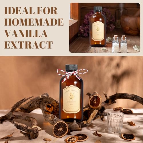 Jarsoph 4oz 8 PCS Amber Brown Glass Bottles for Vanilla Extract | Brown Boston Round Glass Bottles, Essential Oils, Herbal Medicine, DIY Crafting - UV Protective Bottles for Syrup, Sauce