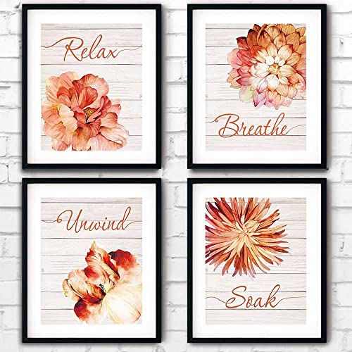 IIILUYOT Relax Soak Unwind Breathe Orange Flowers Bathroom Wall Art Decor, Boho Vintage Bathroom Poster Gifts for Women, Flower Wall Decor Set of 4(8X10in) for Home Bedroom Washroom,Unframed