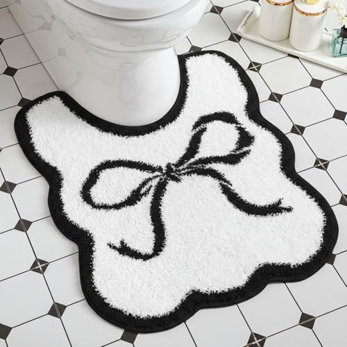 HunnmingRe Black Bow Bathroom Rug Bow Toilet Rugs 24 x 20 Inches U Shaped Luxury Scalloped Bathroom Decor Non Slip Cute Microfiber Soft Plush Bath Mat Coquette Stuff for Toilet Back to School Shower - color: Black, size: 24 x 20 Inches