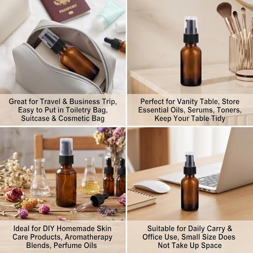 6PCS 30ml/1oz Amber Glass Lotion Pump Bottles Empty Refillable Cosmetic Makeup Travel Size Pump Dispenser Container Jars for Lotion Cream Essential Oils Toiletries