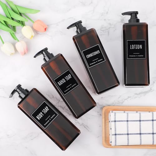 Segbeauty 33.8oz Empty Amber Hand Soap Dispensers, 4pcs Large Plastic Lotion Pump Bottle with Labels, Refillable Square Pump Bottles for Shampoo and Conditioner, 1000ml Bathroom Body Wash Container - color: Amber, style: 4pcs