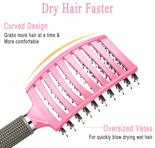KTKUDY Detangling Brush Boar Bristles Hairbrush Make Hair Shiny & Healthier Curved and Vented Detangler Brush for Women Men Kids Wet & Dry Hair (Pink) - color: Pink