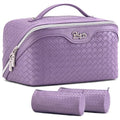 BOYATU Travel Makeup Bag Cosmetic Bags for Women: Large Capacity 3 Pcs Set Make up Bag with Compartments - Waterproof Vegan Leather Toiletry Organizer Bags with Handle (L01 Purple) - color: L01 Purple