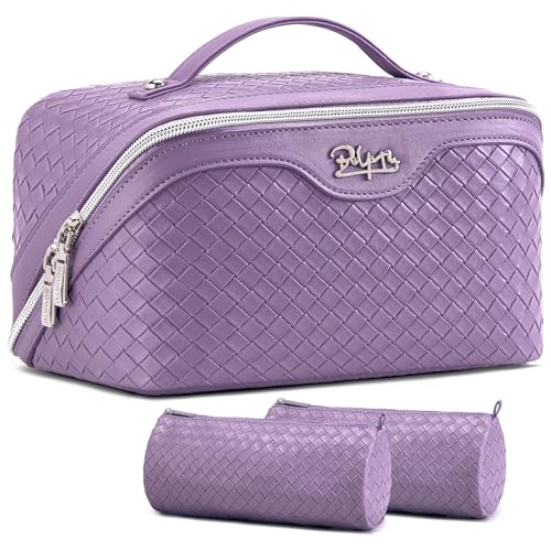BOYATU Travel Makeup Bag Cosmetic Bags for Women: Large Capacity 3 Pcs Set Make up Bag with Compartments - Waterproof Vegan Leather Toiletry Organizer Bags with Handle (L01 Purple) - color: L01 Purple