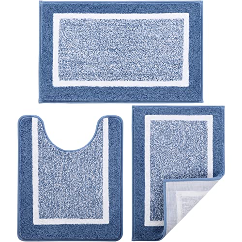 Bathroom Rugs Sets 3 Piece with U-Shaped Contour Toilet Mat Shower Rugs Absorbent Microfiber Plush Bath Mats Non Slip Bath Rugs Shaggy Floor Mats Machine Washable - color: Blue