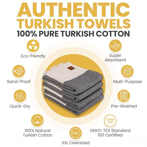 Gold CASE Turkish Beach Towel Set of 4 – 100% Cotton Large Turkish Bath Towels 67 x 38'' – Aphrodite Extra Large, Quick Dry & Sand Free Towels – Peshtemal for Pool – Black - color: Black, style: Aphrodite Beach Bath Towel