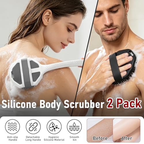 Back Scrubber for Shower 2 Pack, Silicone Scrub Brush with Long Handle & Unique Soft Body Scrubber, Detachable Body Brush Shower Lather Well Deep Clean Exfoliating for Women Men Sensitive Skin Bl&Gy - color: Black+grey Flock