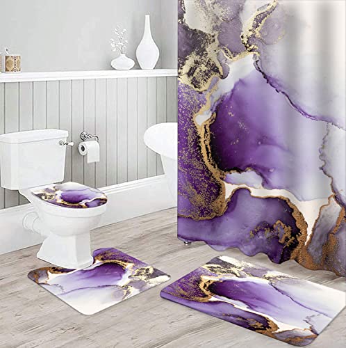 Marble Bathroom Sets with Rugs for Bathroom Decor, 72x72 Inches Gold Shower Curtain with Non-Slip Rugs and Accessories, Waterproof Machine Washable Bath (SC-Sets-purble Gold Marble) - color: Sc-sets-purble Gold Marble