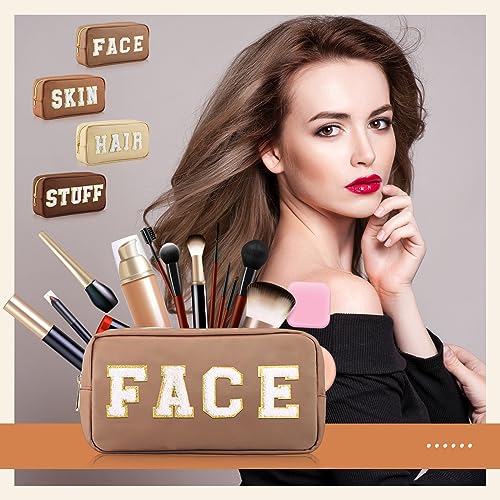 Preppy Makeup Bags Chenille Letter Stuff Bag Nylon Cosmetic Pouch Cases with Zipper for Women Travel Toiletry(Brown Set,Classic,4 Pcs) - color: Brown Set, size: Classic