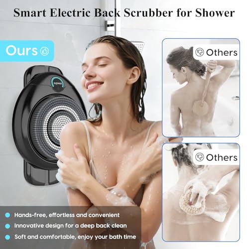 Electric Back Scrubber for Shower - Wall Mounted Exfoliating Brush, Hands-Free Automatic Body Scrubber, IPX7 Waterproof, 3-Speed Adjustment, 3 Replaceable Heads with 50pcs Disposable Shower Caps-Black - color: Black
