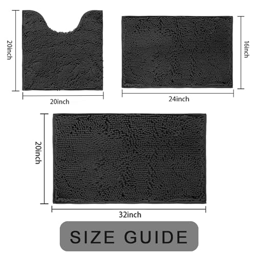 BOANKODU Bathroom Rugs Sets 3 Piece, Super Soft Absorbent Bath mat Set,with U-Shaped Toilet Rug,Strong PVC Underside Bathroom Rug,Antiskid Bath mats Washable Toilet mat, Dark Gray