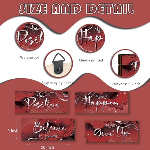 4 Piece Red And Silver Bathroom Decor Motivational Silver Wall Art Abstract Women’s Office Decor Inspirational Wooden Signs Red Bathroom Accessories for Home Bedroom Office 10X4 Inch - color: Red