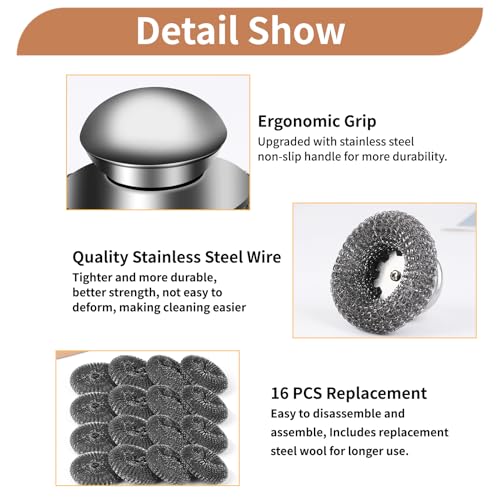 15Pcs Steel Wool Scrubber with Replacement Wire Sponge Pads Set, Stainless Steel Scrubber with Handle for Scouring Messes from Cast Iron, Frying pan, Pots, Pans, Grill, Stoves, Sink - size: 3 Handle+12 Pads