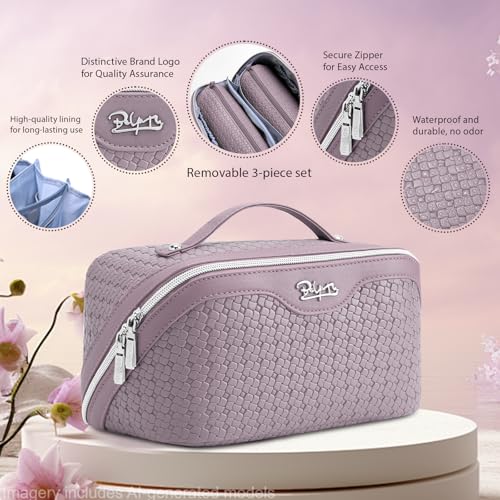 BOYATU Travel Makeup Bag Cosmetic Bags for Women: Large Capacity 3 Pcs Set Make up Bag with Compartments - Waterproof Vegan Leather Toiletry Organizer Bags with Handle (L55Light Purple) - color: L55Light Purple