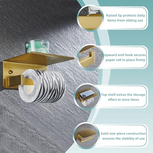 Toilet Paper Holder with Shelf Brushed Dark Gold, APLusee SUS 304 Stainless Steel Modern Bathroom Accessories Tissue Roll Dispenser Storage - color: Brushed Dark Gold, size: Single Rod