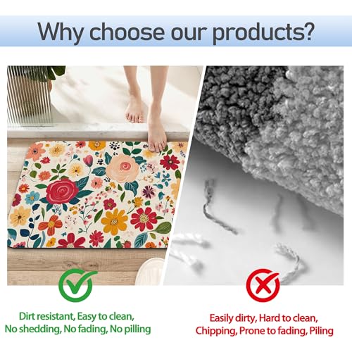 Vintage Red Flowers Bath Mat 29.5"x17", Slim Low-Profile Fast Drying Super Absorbent Bathroom Rug with Non-Slip Backing, Easy-Clean Modern Floor Mat for Tub, Shower, or Entryway - color: Vintage Red Flowers