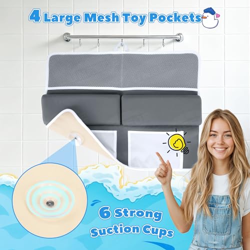 UNEEDE Baby Bath Kneeler & Elbow Pad Set, 1.5" Thick Memory Foam Bath Mat | Kneeling Pad with Elbow Support and Bath Toy Storage Bag, Bathtub Mat with Toy Organizer for Bathing Infant or Toddler, Greye