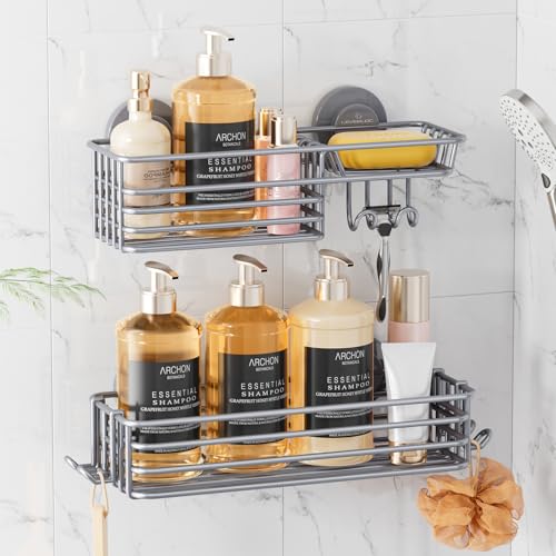LEVERLOC Suction Cup Shower Caddy, Rustproof Shower Shelves for Inside with Hooks and Soap Holder, 2 Pack No Drill Meatl Bathroom Shower Organizer Grey - color: 2 X Grey