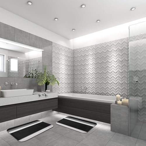 ArtSocket Black Grey Geometric Bathroom Set with Shower Curtain and Bath Rugs and Accessories, Striped Modern Non-Slip 3 Pcs, 72" L x 72" W Curtain, 23.6" L x 15.7" W + 19.7"x 31.5" Rugs - color: Black Grey