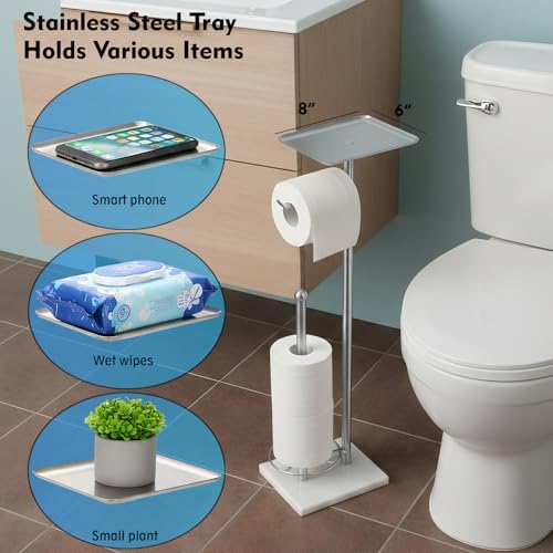Toilet Paper Holder with Shelf, Free Standing Toilet Paper Holder with Storage - Toilet Paper Stand for Holding Extra 3 Rolls, Tissue Holder for Bathroom (Brushed Nickel with Marble Base) - color: Brushed Nickel With Marble Base