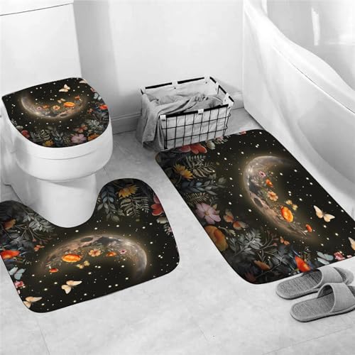LQCOOL Shower Curtain Set 4 Pcs Black Moon Bathroom Sets with Shower Curtain and Rugs Bathroom Decor Set with 12 Hooks - color: Black Moon