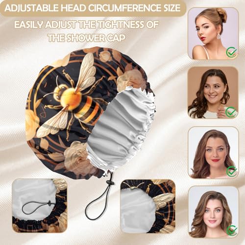 2 PCS Shower Cap Adjustable Reusable Double Waterproof Layer Elastic Hair Bath Cap Cute Aesthetic for Women Girls-Duck Bee - color: I7-Duck Bee