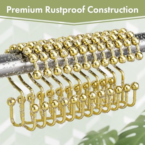 Amazer Gold Shower Curtain Hooks, 12PCS Rust-Resistant Metal Double Shower Curtain Rings for Curtain Rolling Shower Hooks, Shower Rings for Bathroom Shower Curtain Rod - color: Gold, style: Modern - Double Hooks