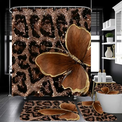 4 Piece Brown Glitter Leopard Shower Curtain Set with Rugs | Luxury Golden Butterfly Art, Glam Animal Print Fabric, Non-Slip Mats, Toilet Lid Cover - color: Brown