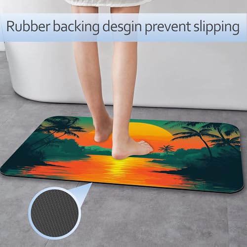 Abstract Nature View Bathroom Rug 29.5"x17", Super Absorbent Fast Drying Bath Mat with Non-Slip Rubber Backing, Thin Low-Profile Easy-Clean Bathroom Floor Mat for Shower or Tub - color: Tropical Sunset Plam
